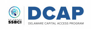 Image is DCAP program logo. left quarter is an image of a tree with DELAWARE SSBCI stacked below it. The remain three-quarters are the acronym DCAP stretched out on top of the smaller print Delaware Capital Access Program