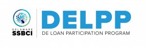 Logo for SSBCI program with an image of a tree on the left side with DELAWARE SSBCI under it, taking up one quarter of the rectangle. The remaining two thirds show the abbreviation DELPP in med blue on top of the words DE Loan Participation Program in black. 