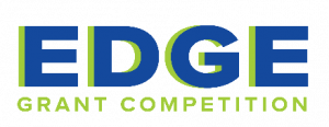 A rectangular logo in Blue for the EDGE program. In bold blue letters it says EDGE, and under it in Green says Grant Competition.