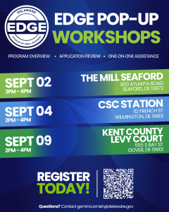 Dates for the EDGE Pop Up Workshops and QR code for Registration. The dates are Sept. 2 in Seaford, Sept 4 in Wilmington and Sept. 9 in Dover. 